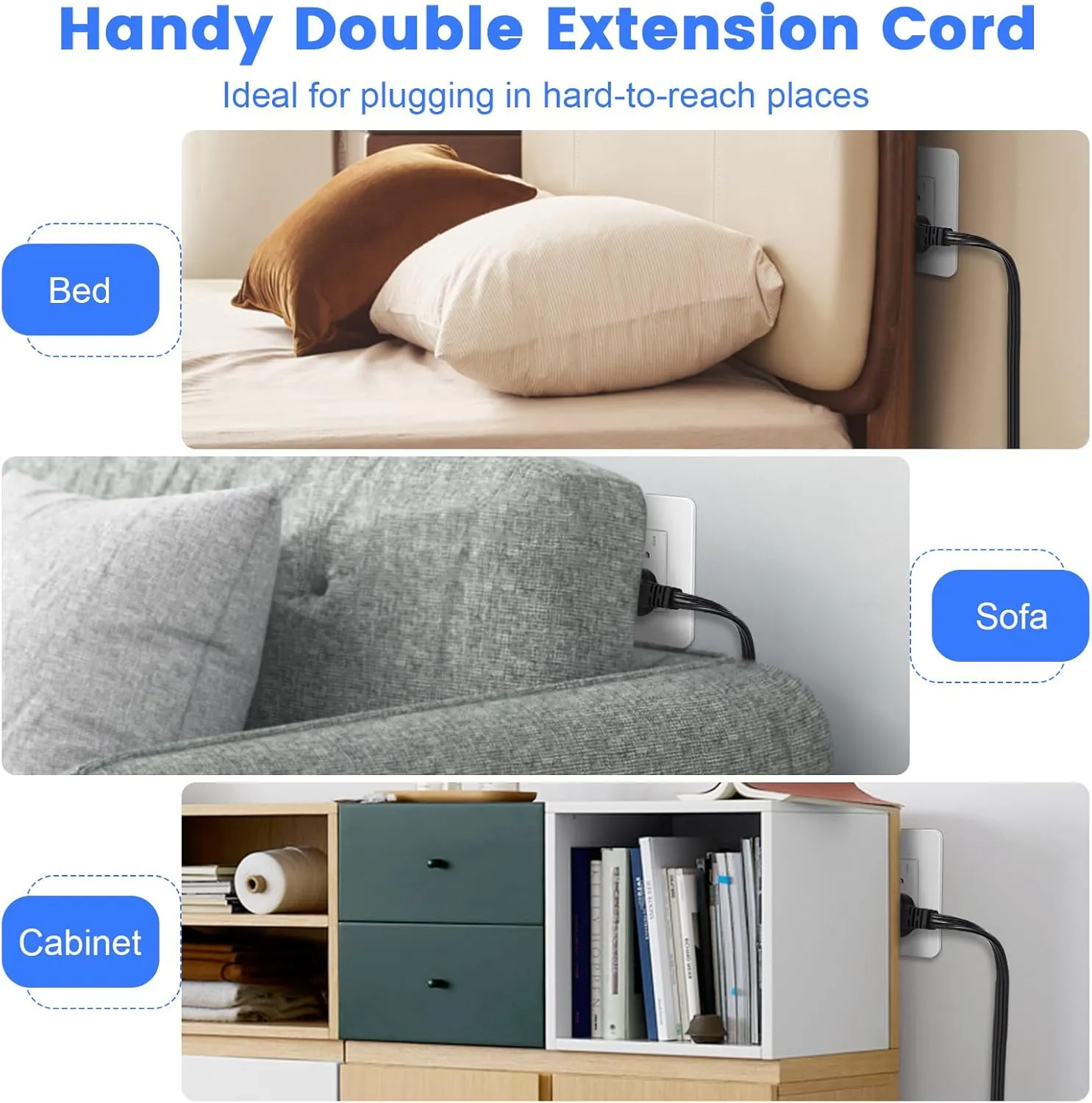 HOUHUI Twin Extension Cord Power Strip 3 Prong 12Ft Heavy Duty Double Extension Cord with 6 Outlets - ETL Certified, 6Ft Each Side Flat Plug Power Strip Two Way Splitter for Home Office Cabinet Sofa