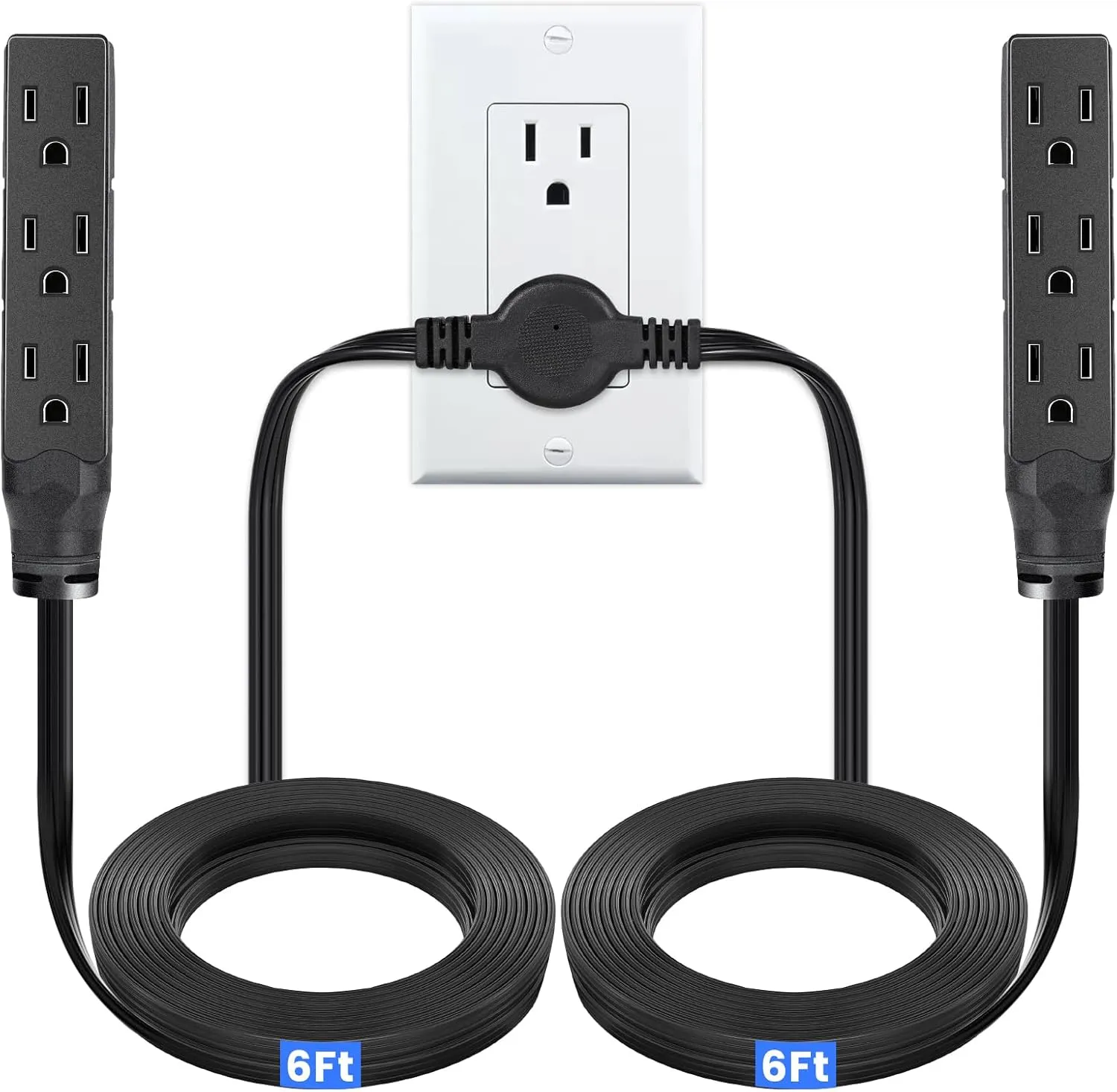 HOUHUI Twin Extension Cord Power Strip 3 Prong 12Ft Heavy Duty Double Extension Cord with 6 Outlets - ETL Certified, 6Ft Each Side Flat Plug Power Strip Two Way Splitter for Home Office Cabinet Sofa