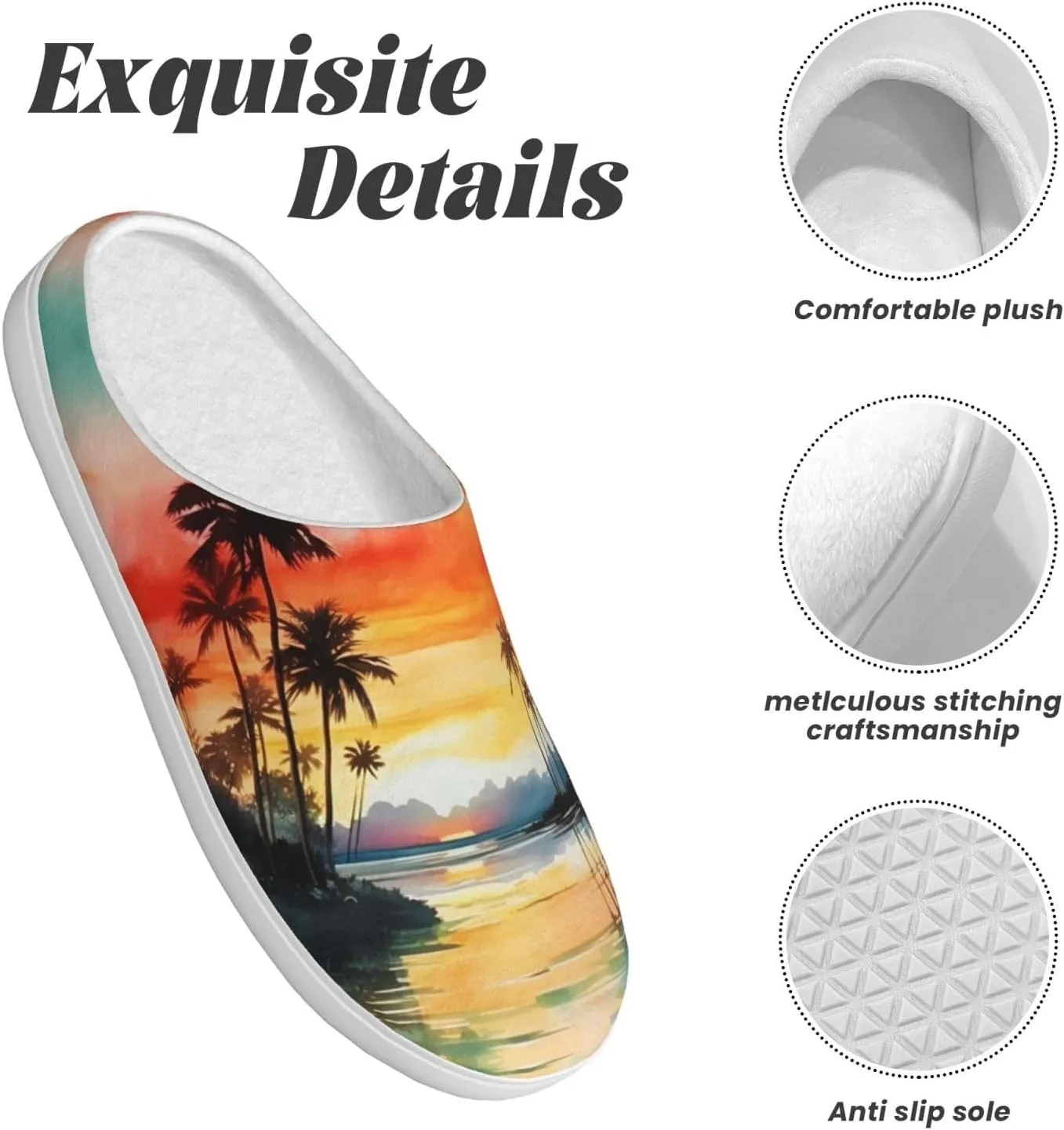 House Slippers for Woman Men Tropical Coconut Tree Seaside Comfy Flannel Women's Slippers Non Slip Home Slippers Shoes