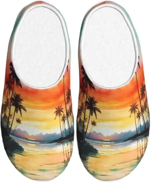 House Slippers for Woman Men Tropical Coconut Tree Seaside Comfy Flannel Women's Slippers Non Slip Home Slippers Shoes