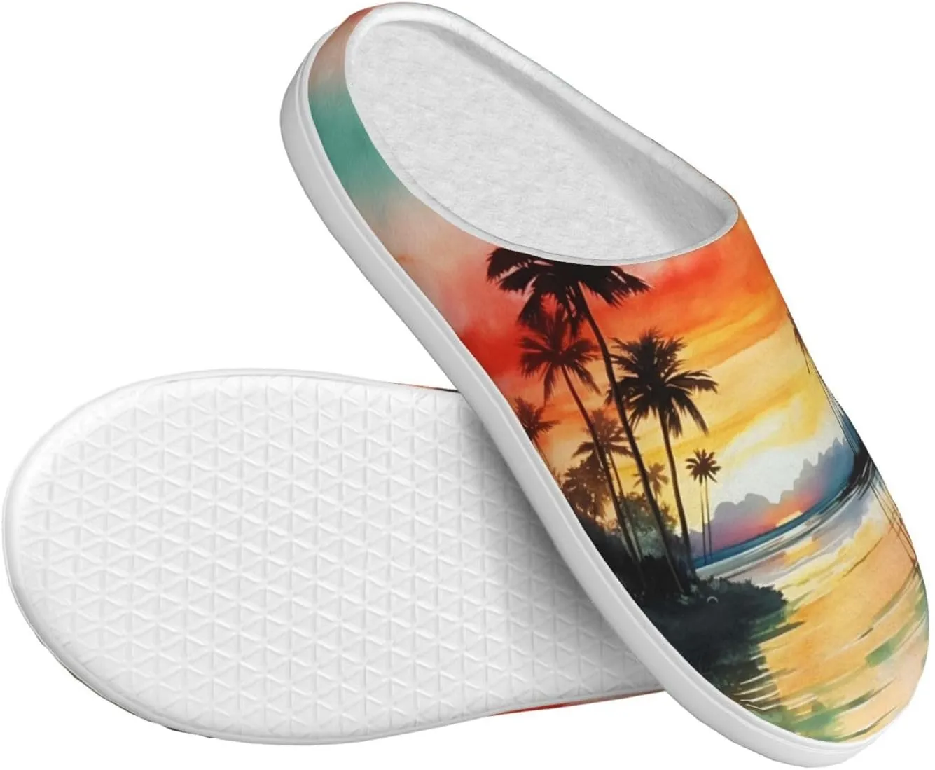 House Slippers for Woman Men Tropical Coconut Tree Seaside Comfy Flannel Women's Slippers Non Slip Home Slippers Shoes