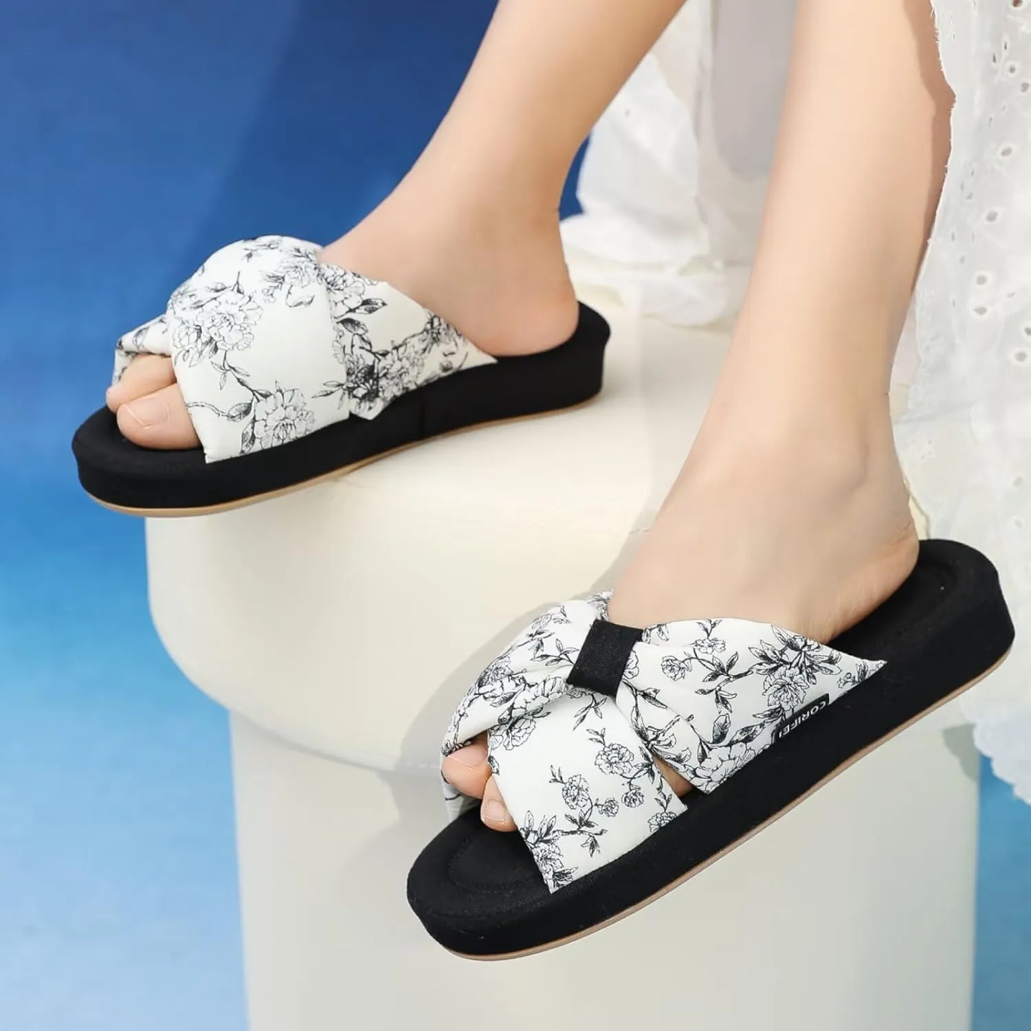 House Slippers for Women with Bow Comfy Indoor Open Toe Slides with Low Arch Support Rubber Sole for Summer