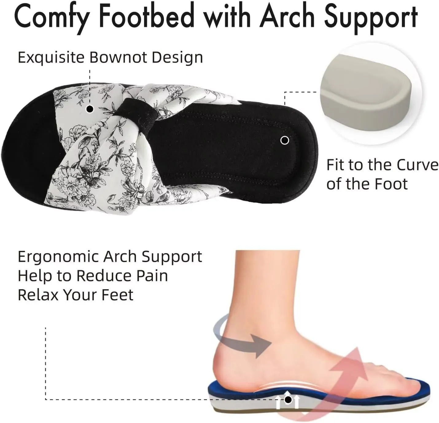 House Slippers for Women with Bow Comfy Indoor Open Toe Slides with Low Arch Support Rubber Sole for Summer