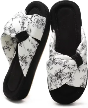House Slippers for Women with Bow Comfy Indoor Open Toe Slides with Low Arch Support Rubber Sole for Summer