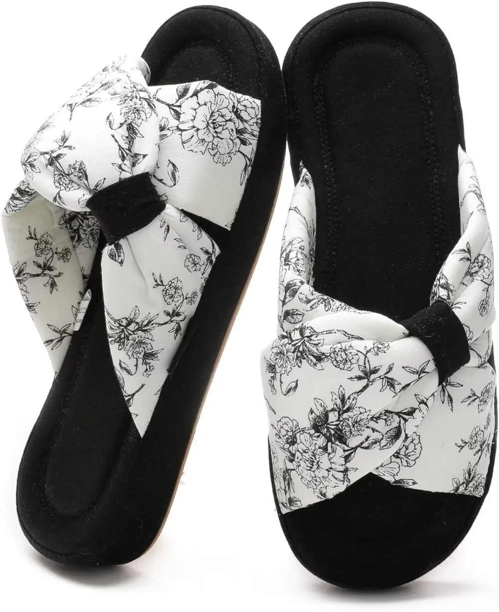 House Slippers for Women with Bow Comfy Indoor Open Toe Slides with Low Arch Support Rubber Sole for Summer