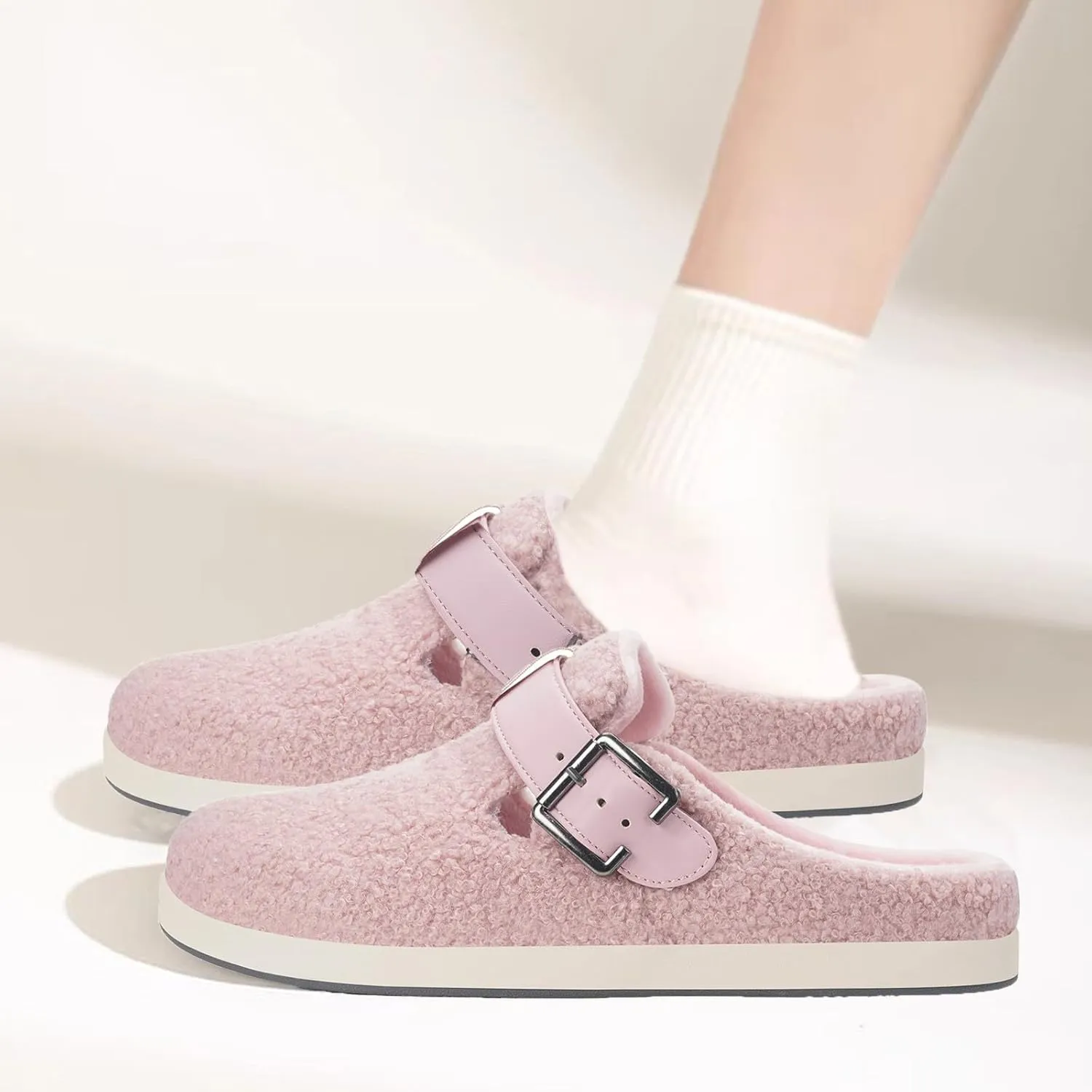 Hsyooes Women's Men's Fuzzy Slippers Orthotic Arch Support Fleece Lined House Slippers Comfy Winter Slip On Clogs for Plantar Fasciitis Indoor Outdoor with Adjustable Buckle