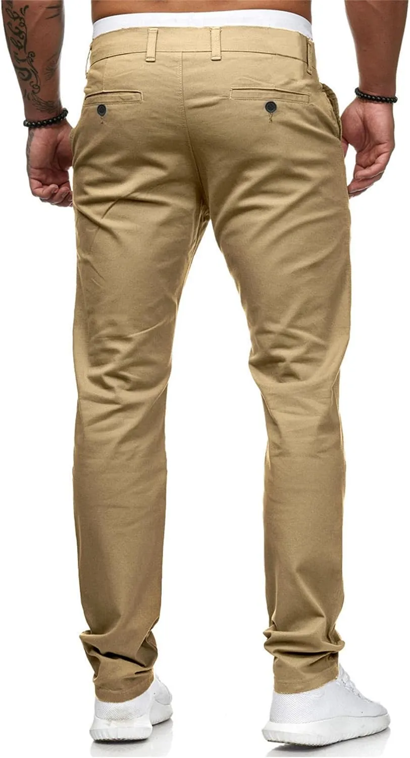 HUNGSON Mens Chinos Dress Pants Slim Straight Fit Flat-Front Golf Pants Casual Travel Slacks