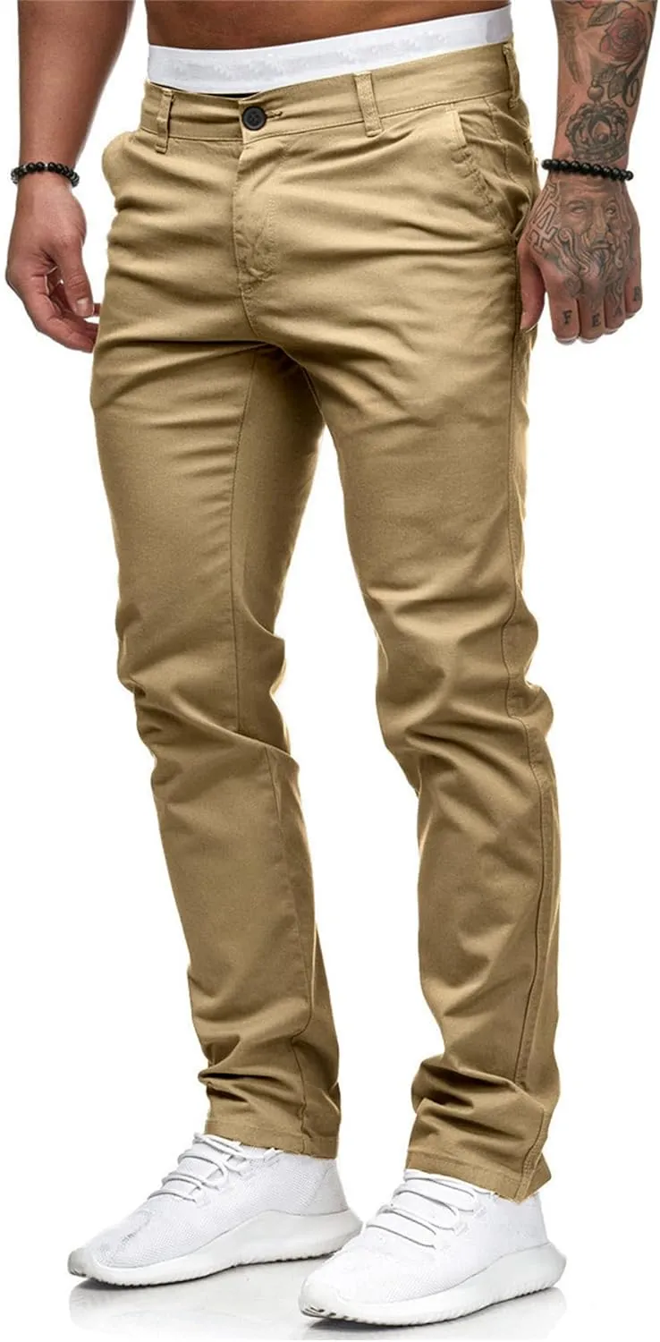 HUNGSON Mens Chinos Dress Pants Slim Straight Fit Flat-Front Golf Pants Casual Travel Slacks