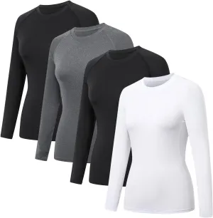 HYCOPROT 4 Pack Women's Compression Shirt Long Sleeve Workout Tops Quick Dry Baselayer Athletic T Shirt Gym Yoga Running