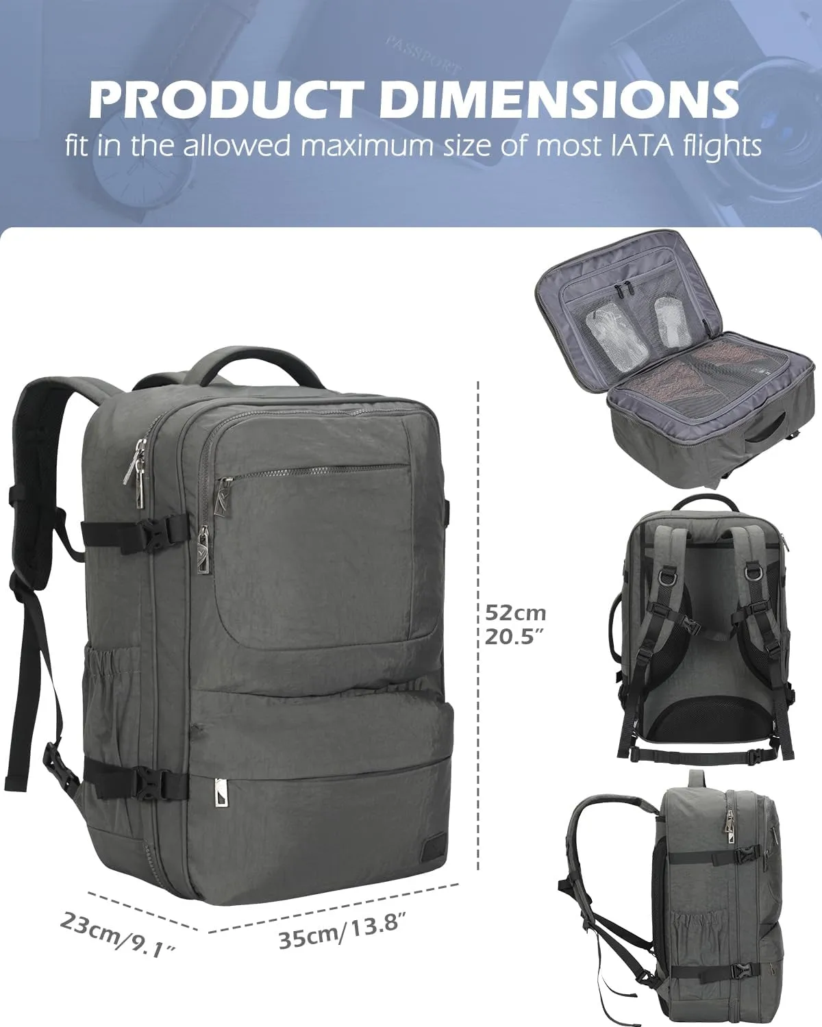 Hynes Eagle 44L Carry on Backpack Airline Approved Travel Backpack for Men Women Large Laptop Backpack 17 inch Nylon Backpack Overnight Weekender Duffel Bag Grey with 3PCS Packing Cubes