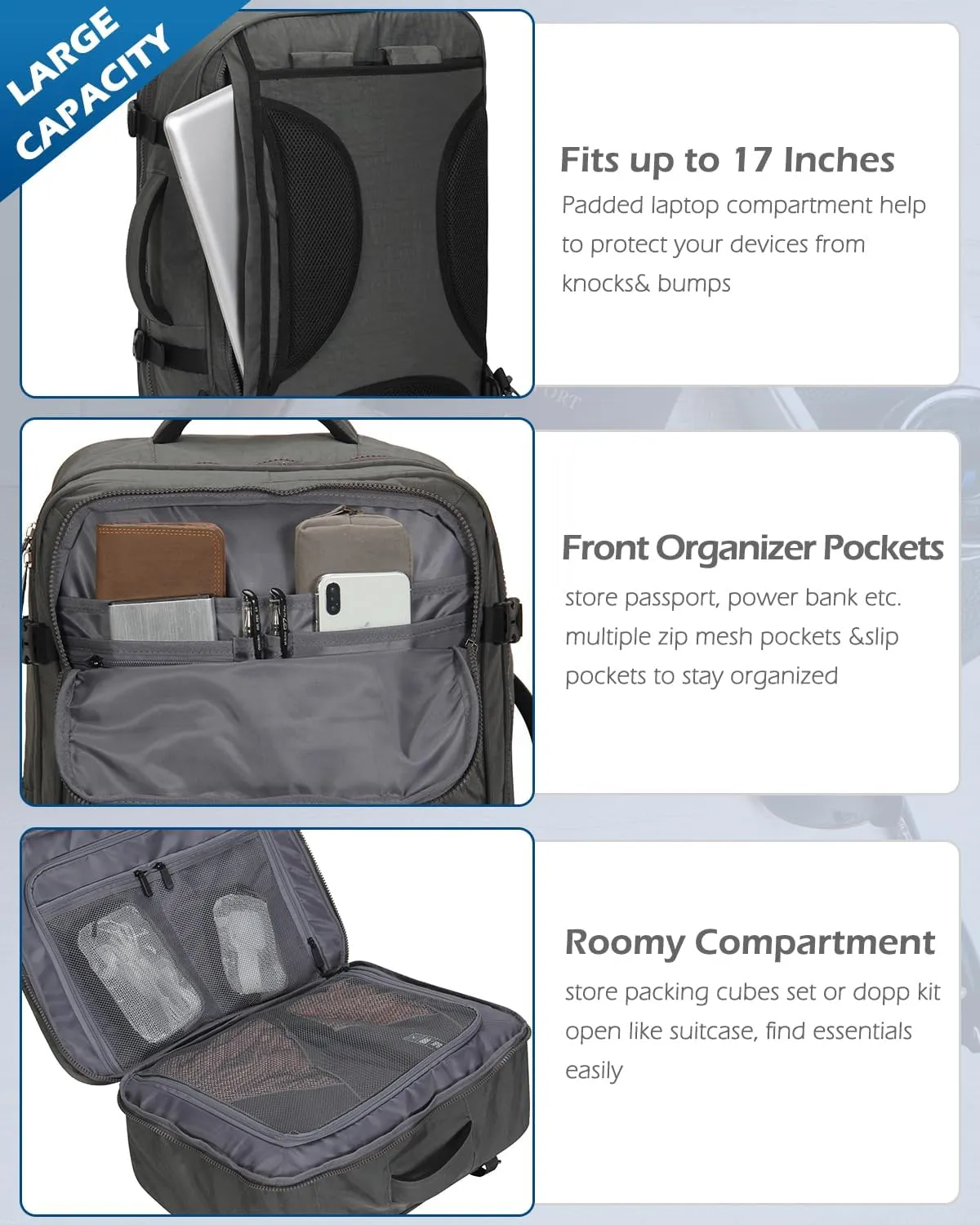 Hynes Eagle 44L Carry on Backpack Airline Approved Travel Backpack for Men Women Large Laptop Backpack 17 inch Nylon Backpack Overnight Weekender Duffel Bag Grey with 3PCS Packing Cubes