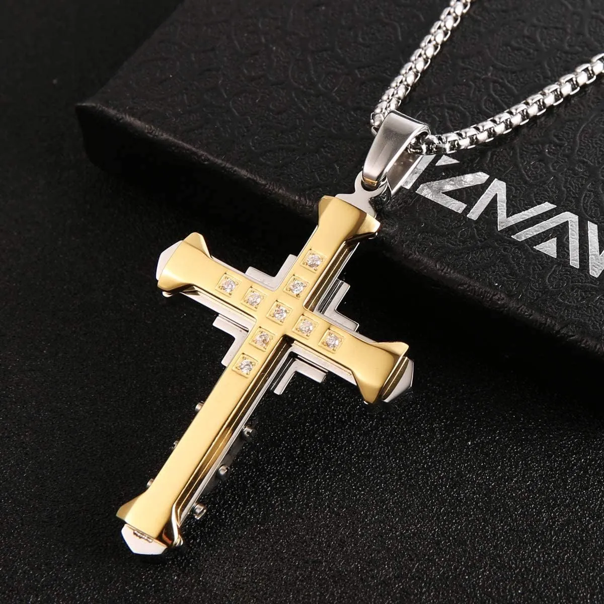 HZMAN Religion Men's Large Byzantium Stainless Steel Cubic Zirconia Cross Necklace Pendant 22   2 Inch Chain