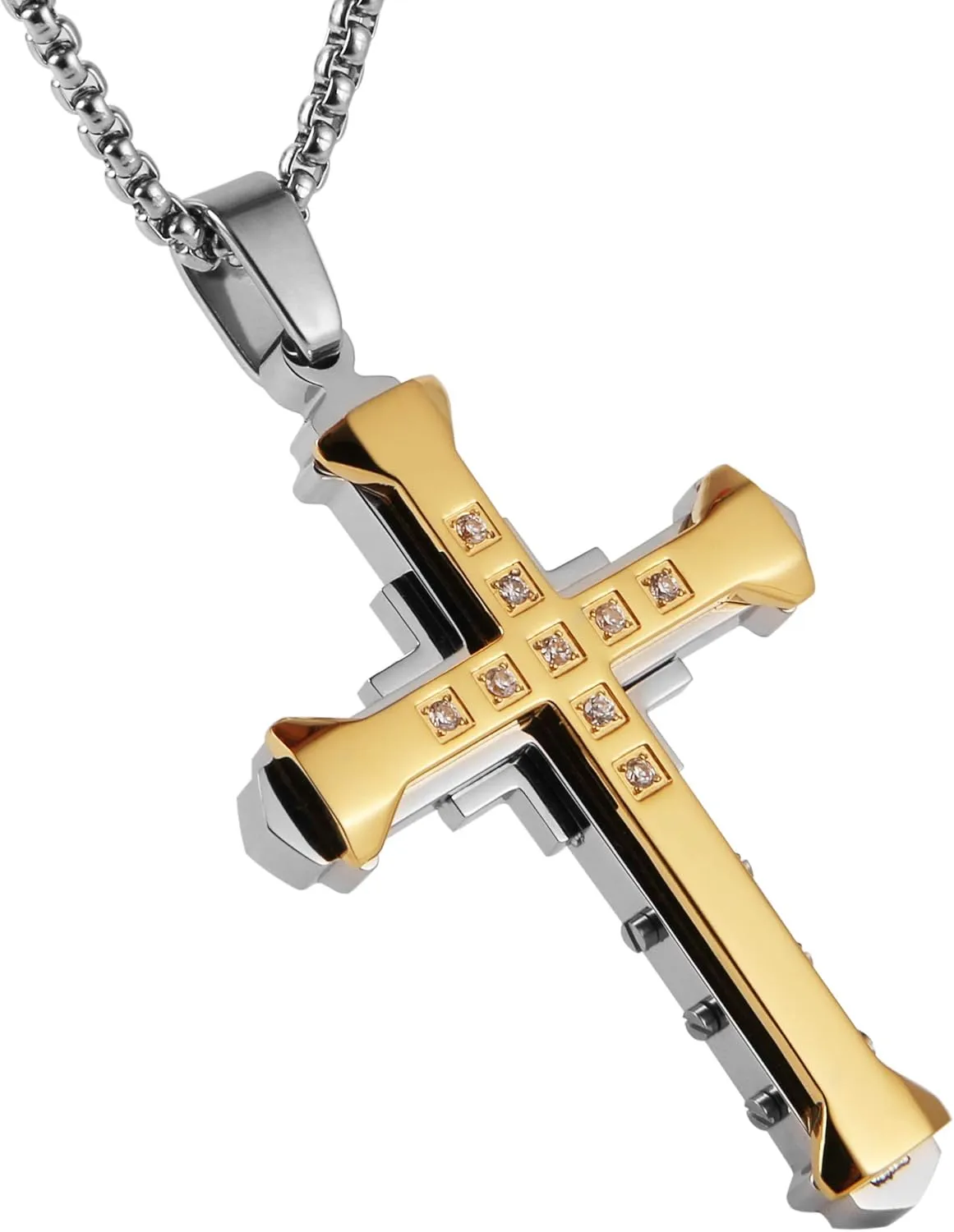 HZMAN Religion Men's Large Byzantium Stainless Steel Cubic Zirconia Cross Necklace Pendant 22   2 Inch Chain