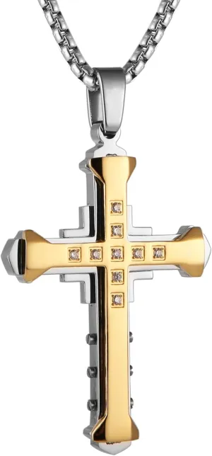 HZMAN Religion Men's Large Byzantium Stainless Steel Cubic Zirconia Cross Necklace Pendant 22   2 Inch Chain