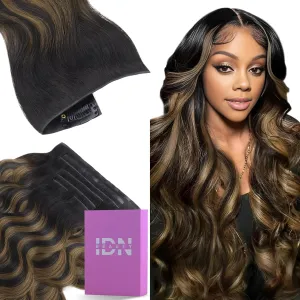IDN BEAUTY 5 2 Invisi Edge Seamless Clip in Hair Extensions Human Hair, Body Wave Balayage Natural Black to Brown 14 Inch 100g 5pcs Invisible Edge & 2pcs Seamless Clip ins for Black Women No Leave Out