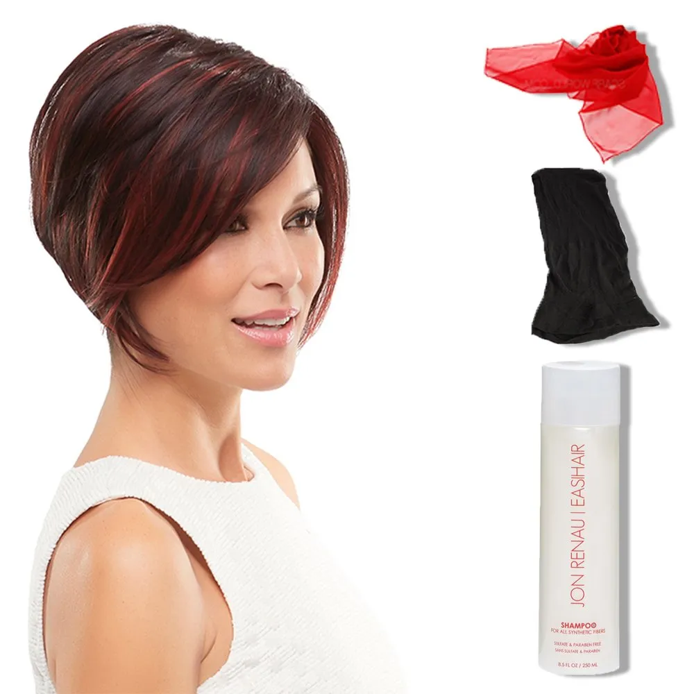 Ignite Wig Color FS4/33/30A MIDNIGHT COCOA - Jon Renau Wigs Heat Resistant Women's Short Angled Cut Sleek Bob Lace Front SmartLace Natural Hairline Bundle with MaxWigs Hairloss Booklet