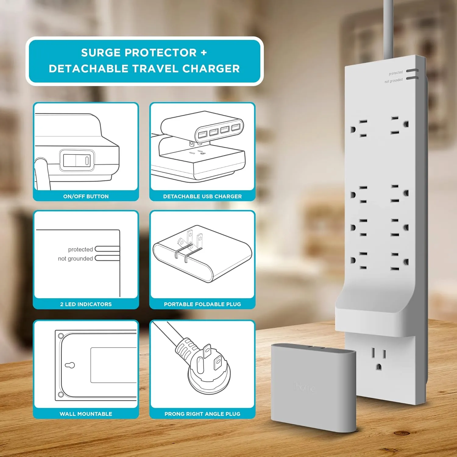 iHome Power Strip Surge Protector & Slim USB Wall Charger Bundle: Detachable 4 Port AC Pro USB Charger & 6 ft Extension Cord Multi Plug Outlet Extender