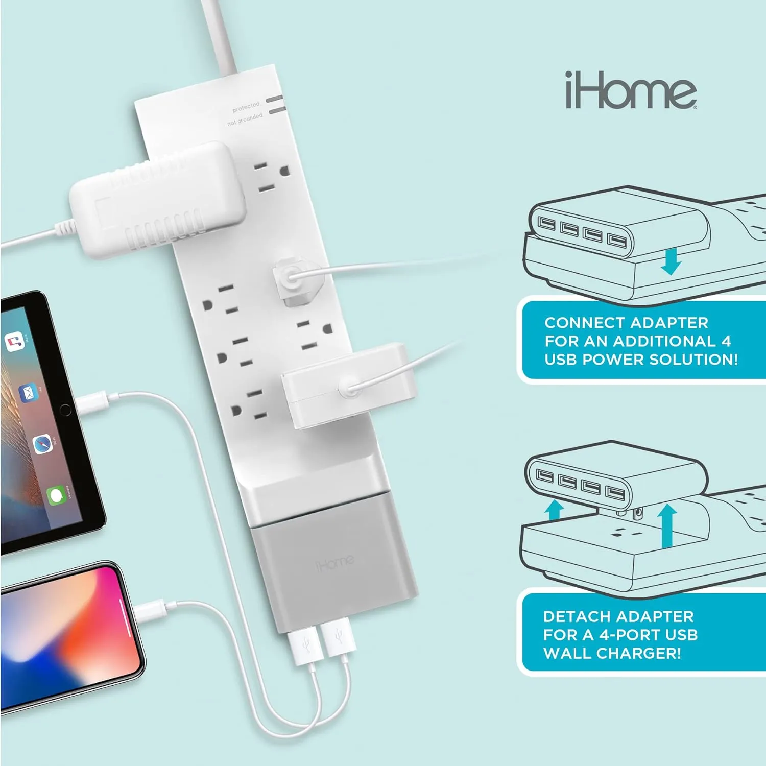 iHome Power Strip Surge Protector & Slim USB Wall Charger Bundle: Detachable 4 Port AC Pro USB Charger & 6 ft Extension Cord Multi Plug Outlet Extender