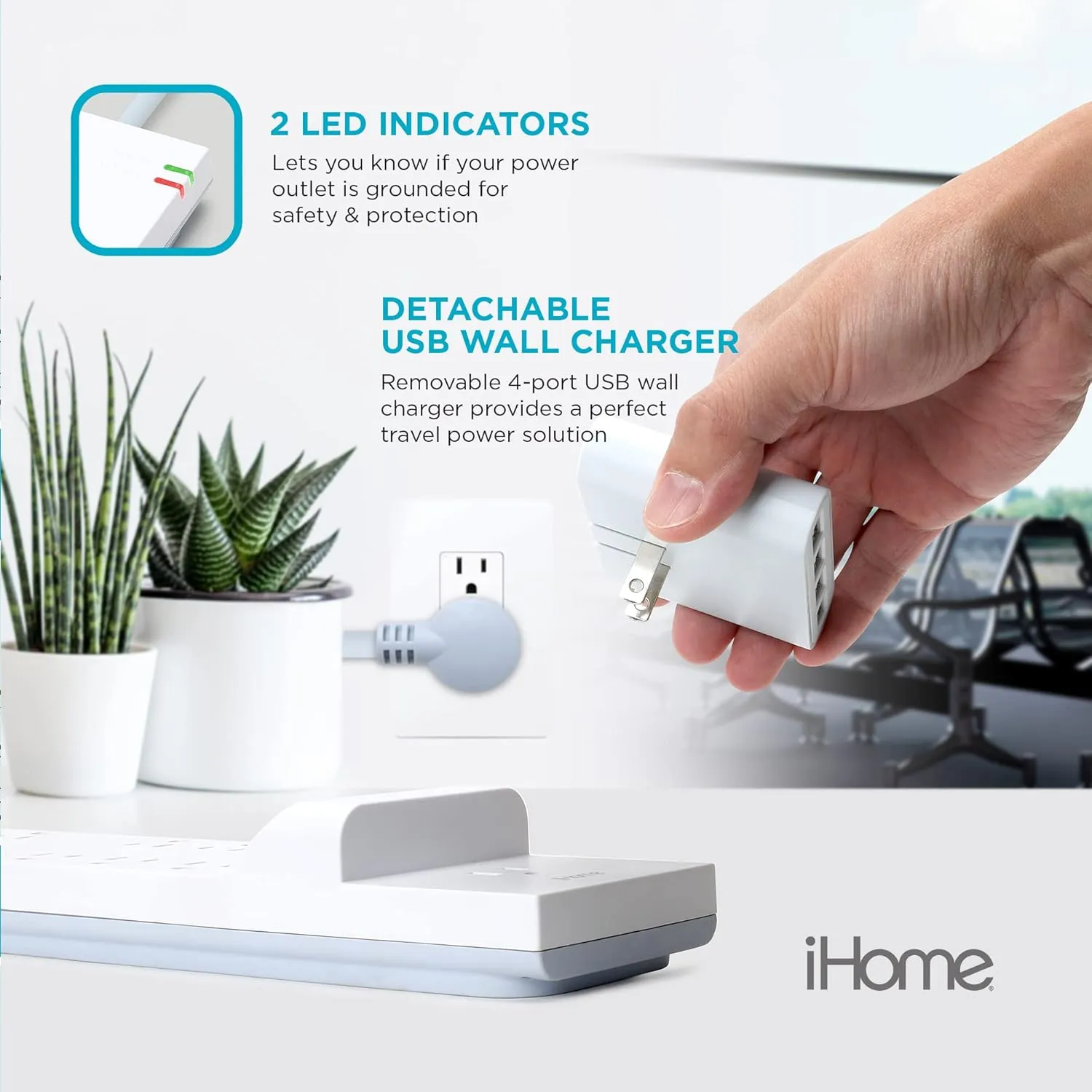 iHome Power Strip Surge Protector & Slim USB Wall Charger Bundle: Detachable 4 Port AC Pro USB Charger & 6 ft Extension Cord Multi Plug Outlet Extender