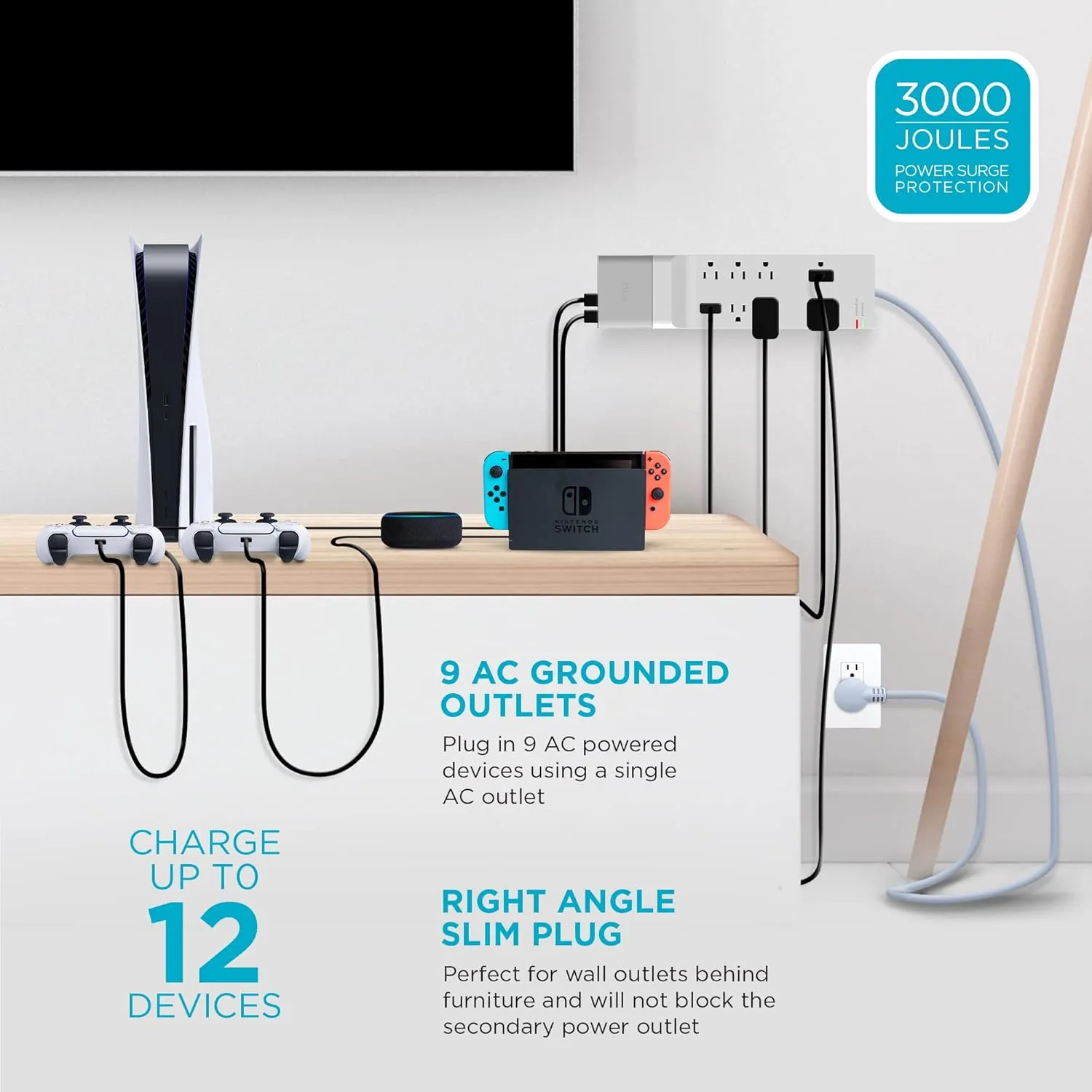iHome Power Strip Surge Protector & Slim USB Wall Charger Bundle: Detachable 4 Port AC Pro USB Charger & 6 ft Extension Cord Multi Plug Outlet Extender