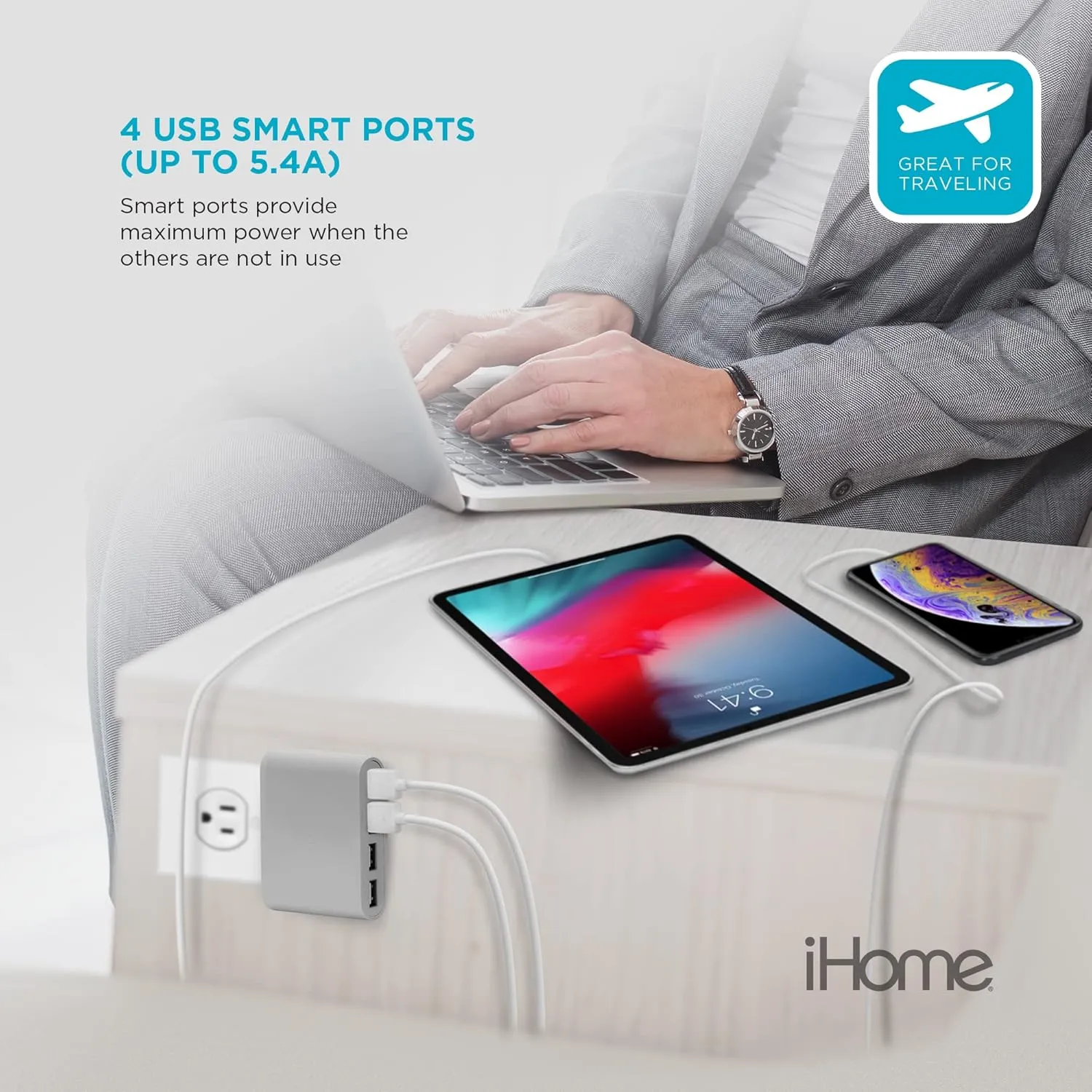 iHome Power Strip Surge Protector & Slim USB Wall Charger Bundle: Detachable 4 Port AC Pro USB Charger & 6 ft Extension Cord Multi Plug Outlet Extender