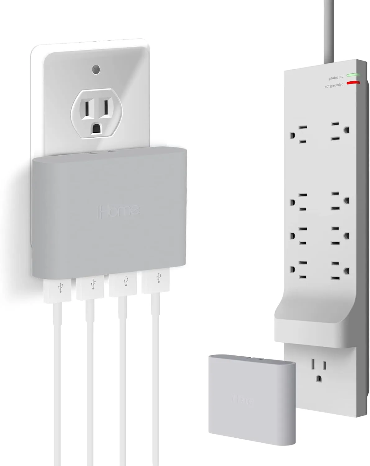 iHome Power Strip Surge Protector & Slim USB Wall Charger Bundle: Detachable 4 Port AC Pro USB Charger & 6 ft Extension Cord Multi Plug Outlet Extender