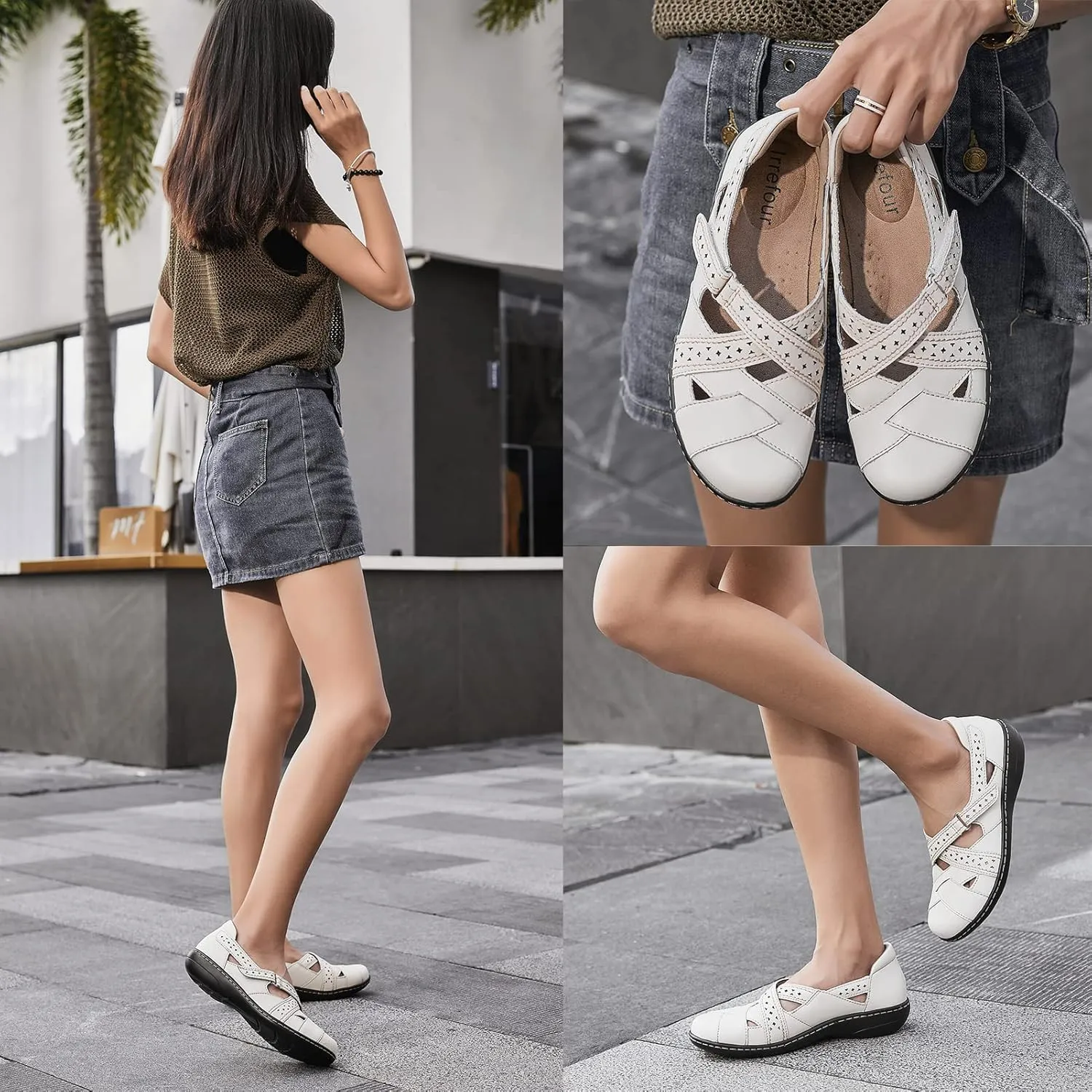 Irrefour Women's Classic Genuine Leather Casual Loafer Cute Slip-On Fashion Closed Toe Flat Sandal Comfy Work Sandal Everyday Walking Shoe