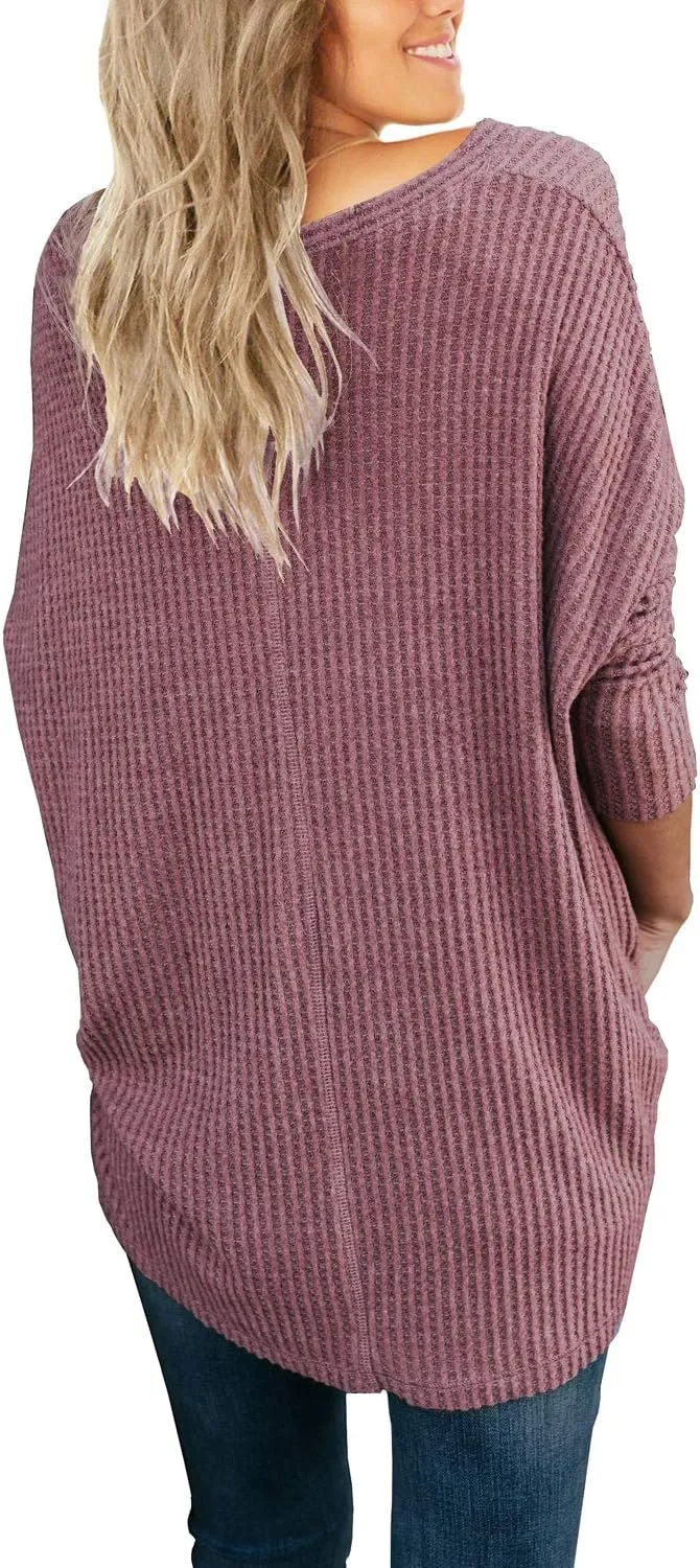 IWOLLENCE Women's Waffle Knit Tunic Blouse Tie Knot Henley Tops Loose Fitting Bat Wing Plain Shirts