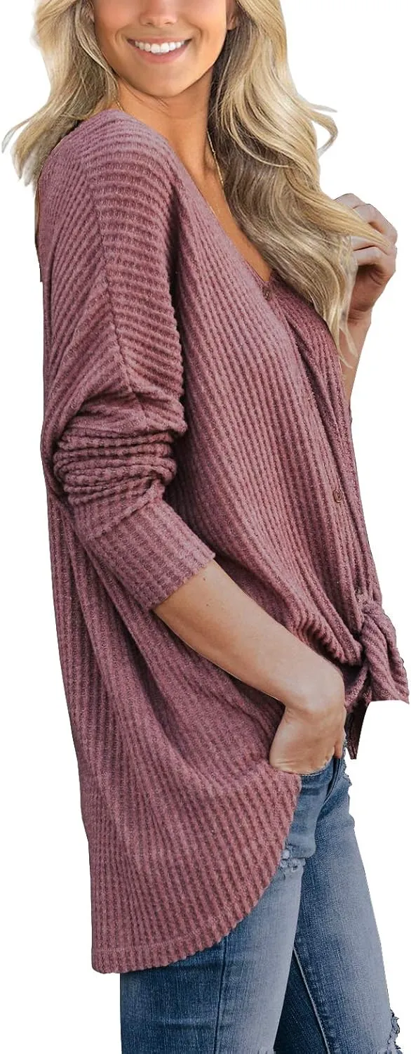 IWOLLENCE Women's Waffle Knit Tunic Blouse Tie Knot Henley Tops Loose Fitting Bat Wing Plain Shirts