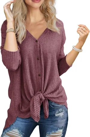 IWOLLENCE Women's Waffle Knit Tunic Blouse Tie Knot Henley Tops Loose Fitting Bat Wing Plain Shirts