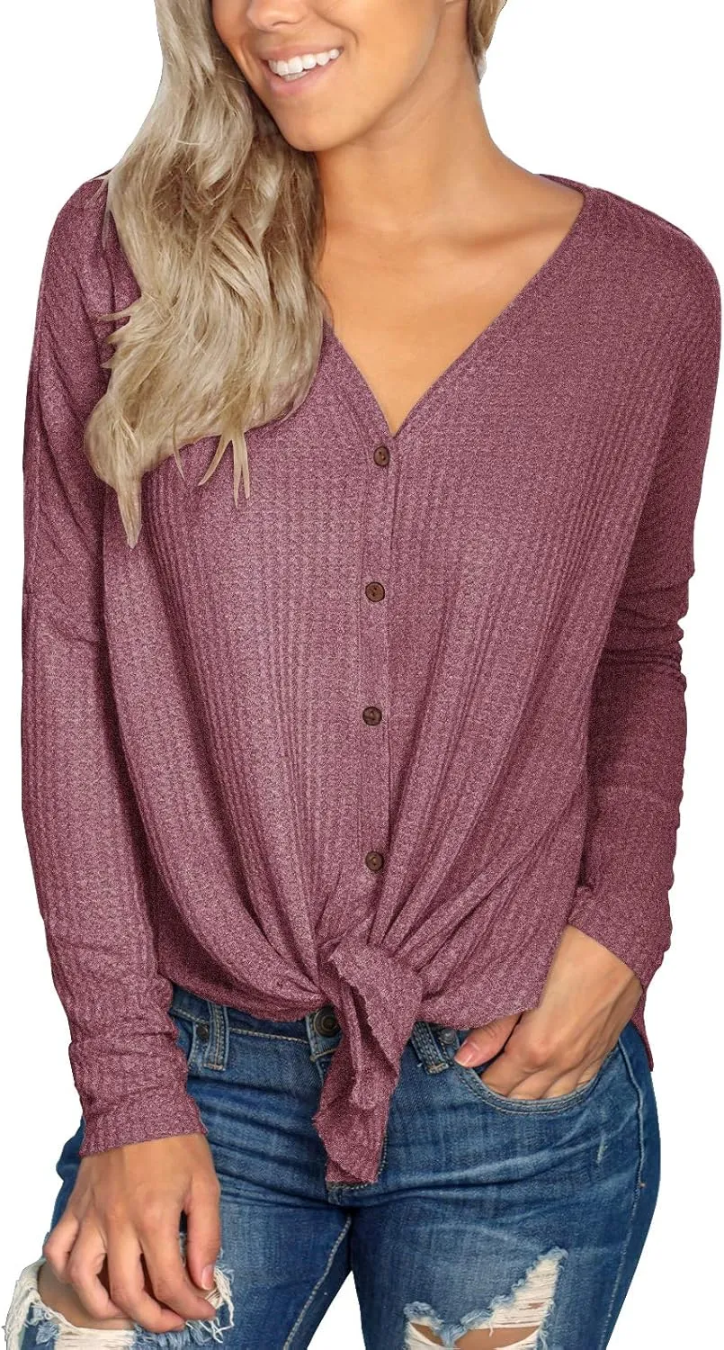 IWOLLENCE Women's Waffle Knit Tunic Blouse Tie Knot Henley Tops Loose Fitting Bat Wing Plain Shirts
