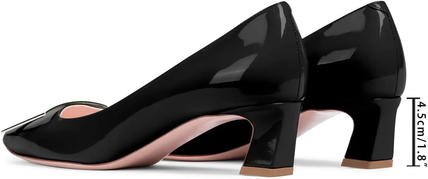 JiaBinji Women Metal Buckle Pumps Closed Squared Toe Slip On Chunky Kitten Low Heels Pumps Dress Casual Pumps for Women Office Work Shoes