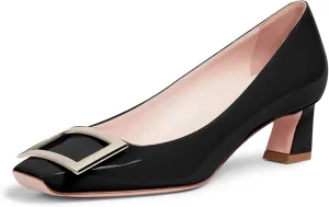 JiaBinji Women Metal Buckle Pumps Closed Squared Toe Slip On Chunky Kitten Low Heels Pumps Dress Casual Pumps for Women Office Work Shoes