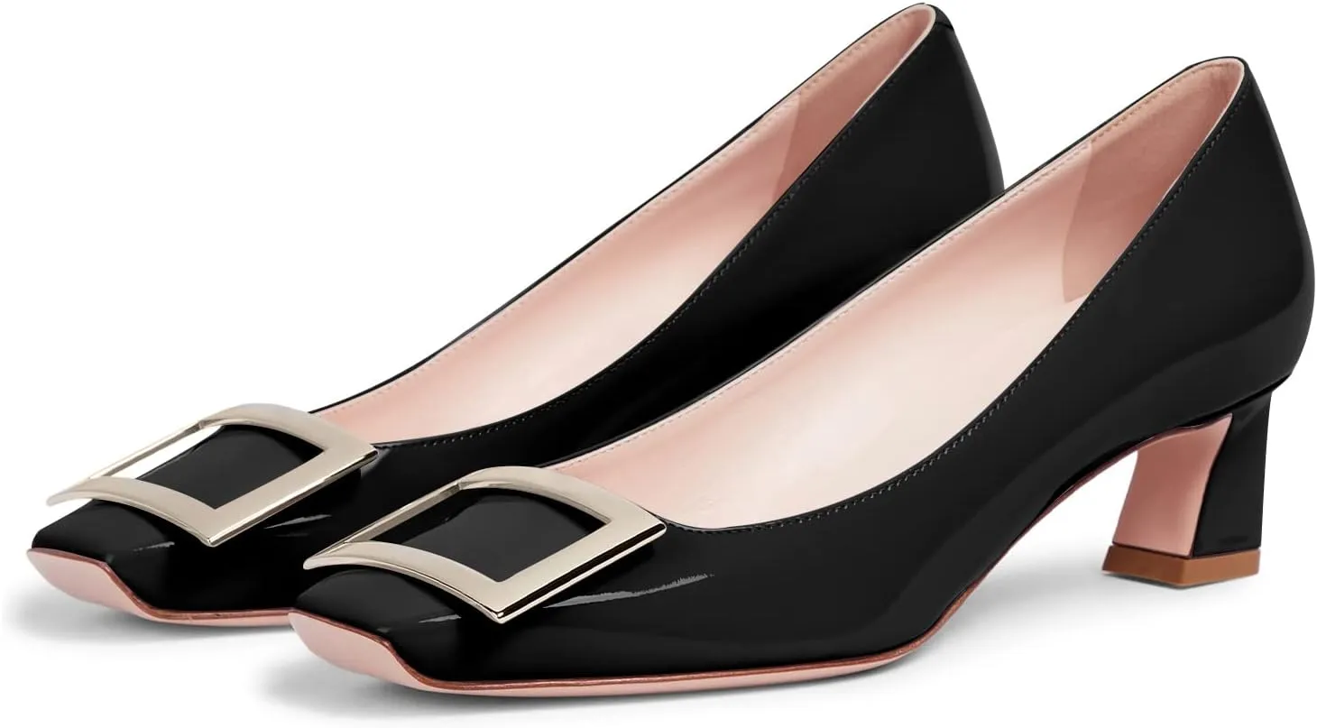 JiaBinji Women Metal Buckle Pumps Closed Squared Toe Slip On Chunky Kitten Low Heels Pumps Dress Casual Pumps for Women Office Work Shoes