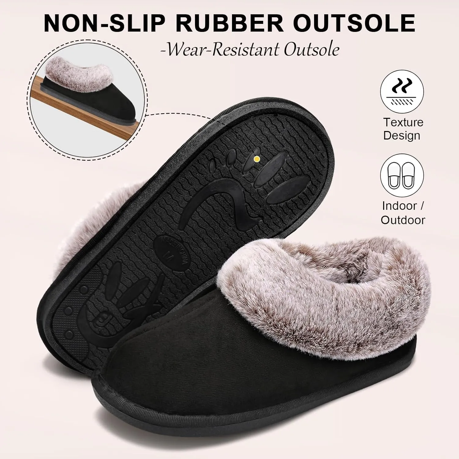 JOINFREE Women's Slippers Fuzzy House Shoes with Memory Foam Slip-on Comfy Bedroom Slippers Indoor Outdoor Shoes with Warm Faux Fur Collar