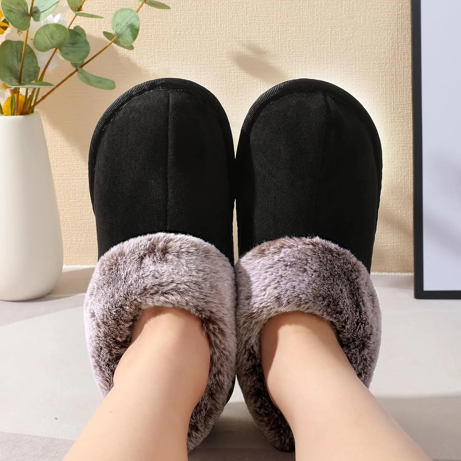JOINFREE Women's Slippers Fuzzy House Shoes with Memory Foam Slip-on Comfy Bedroom Slippers Indoor Outdoor Shoes with Warm Faux Fur Collar