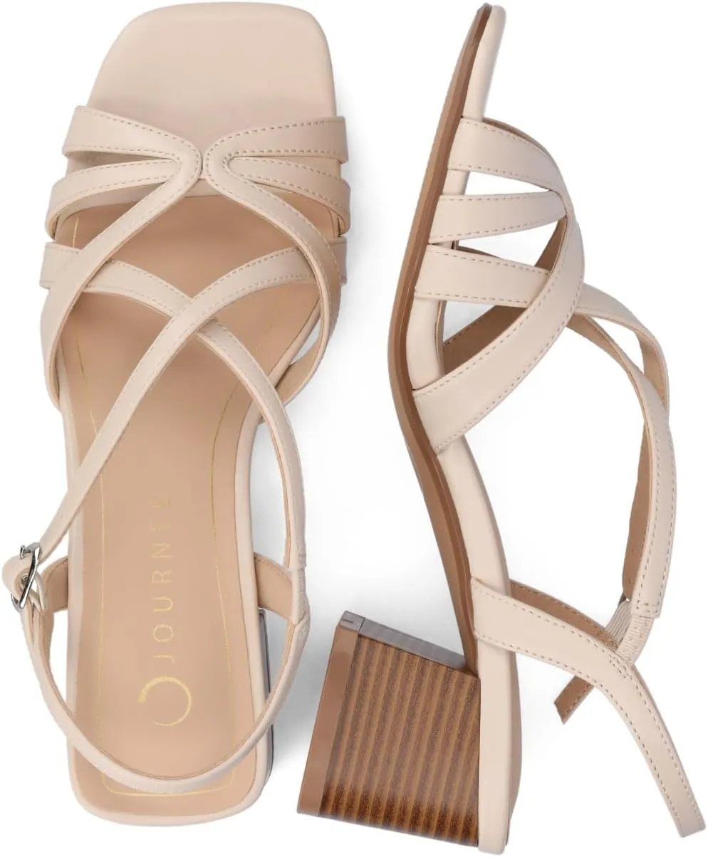 Journee Womens Block heel Cushioned Footbed Shyla Crisscross straps Faux Leather Multi Straps 2-3 inch heel Open Toe