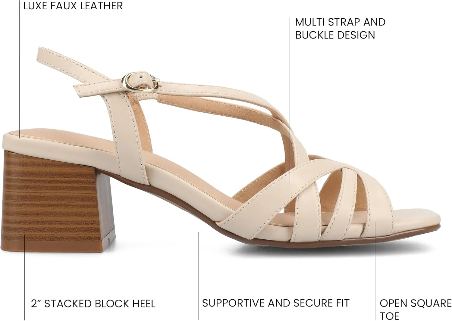Journee Womens Block heel Cushioned Footbed Shyla Crisscross straps Faux Leather Multi Straps 2-3 inch heel Open Toe