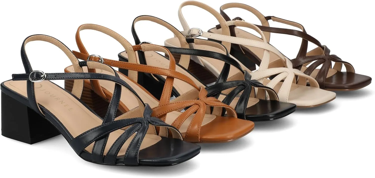 Journee Womens Block heel Cushioned Footbed Shyla Crisscross straps Faux Leather Multi Straps 2-3 inch heel Open Toe
