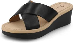 Journee Womens cushioned footbed Faux Leather Sandals Wedge Sandals Biara Crossover Straps Open Toe