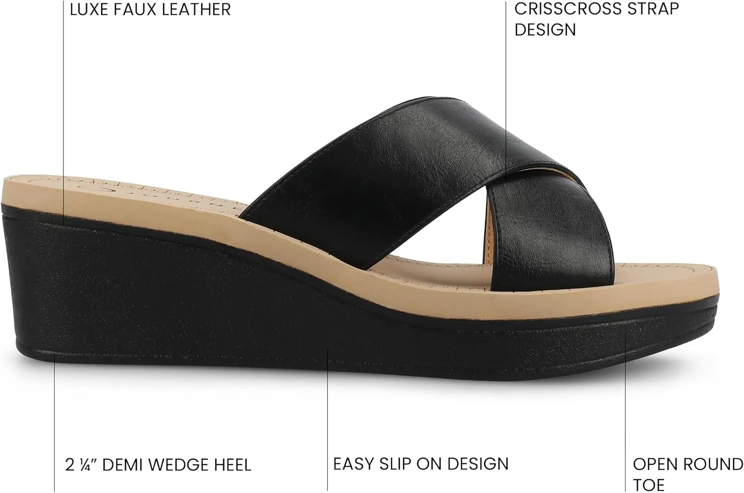 Journee Womens cushioned footbed Faux Leather Sandals Wedge Sandals Biara Crossover Straps Open Toe
