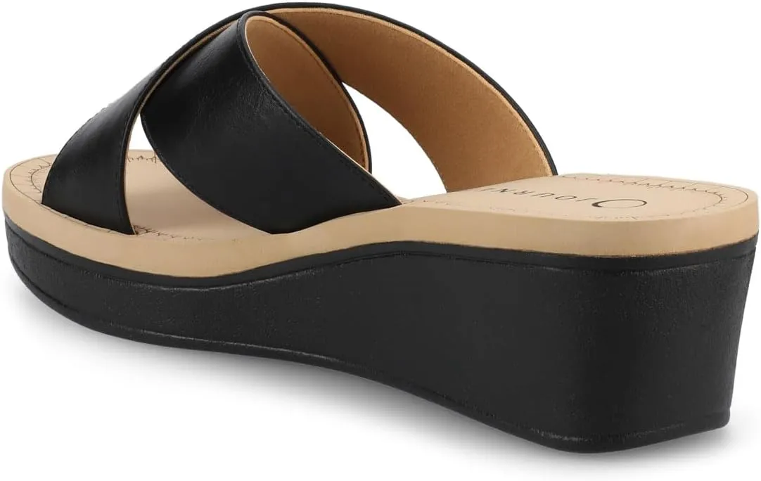 Journee Womens cushioned footbed Faux Leather Sandals Wedge Sandals Biara Crossover Straps Open Toe