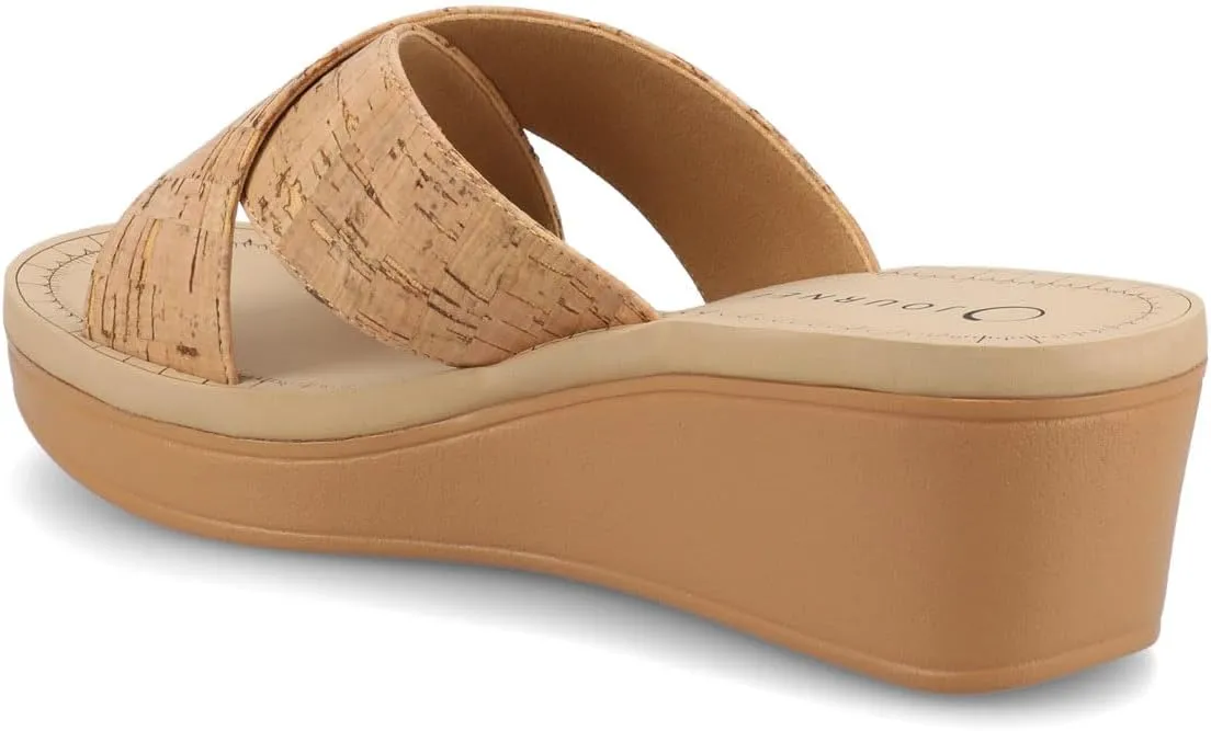 Journee Womens cushioned footbed Faux Leather Sandals Wedge Sandals Biara Crossover Straps Open Toe