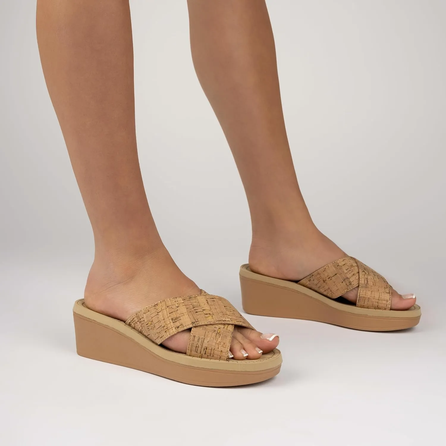 Journee Womens cushioned footbed Faux Leather Sandals Wedge Sandals Biara Crossover Straps Open Toe