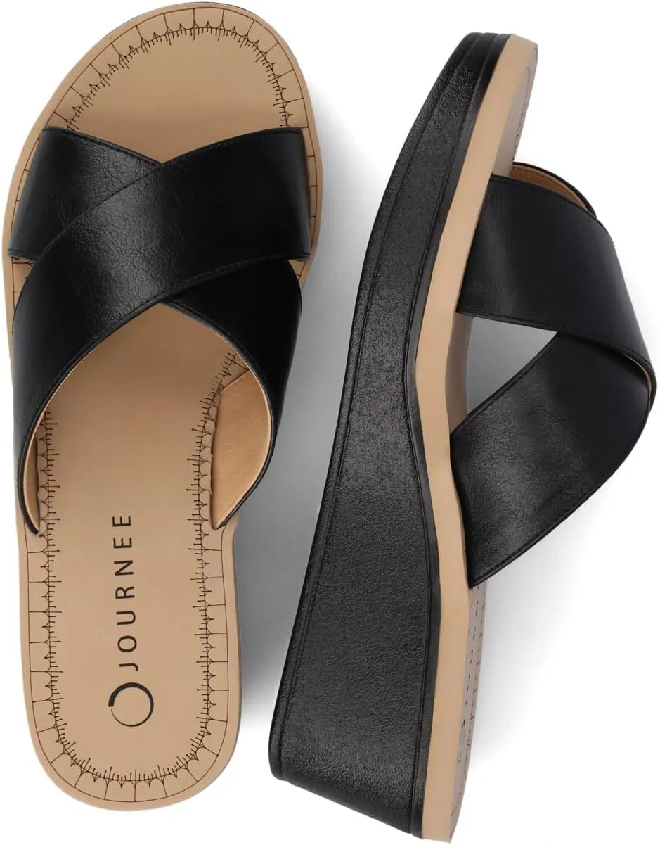 Journee Womens cushioned footbed Faux Leather Sandals Wedge Sandals Biara Crossover Straps Open Toe