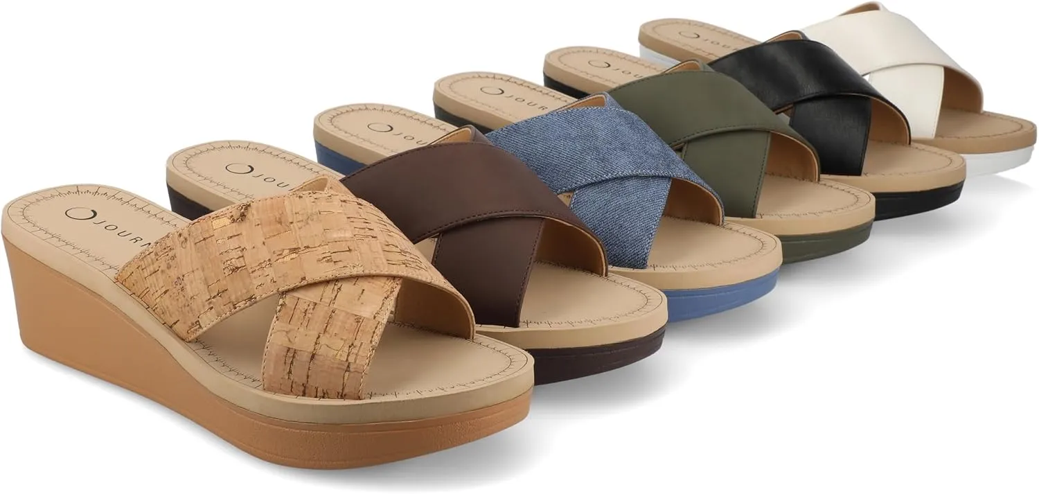 Journee Womens cushioned footbed Faux Leather Sandals Wedge Sandals Biara Crossover Straps Open Toe