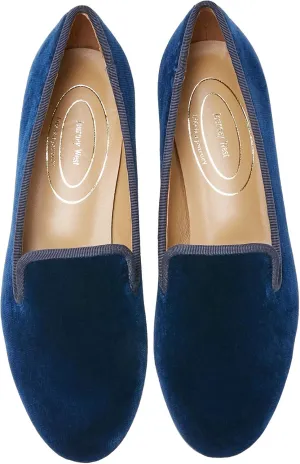 Journey West Women's Velvet Loafer Flat with Embroidery Smoking Slippers Slip on Shoes for Women Plain Navy Blue US 8.5