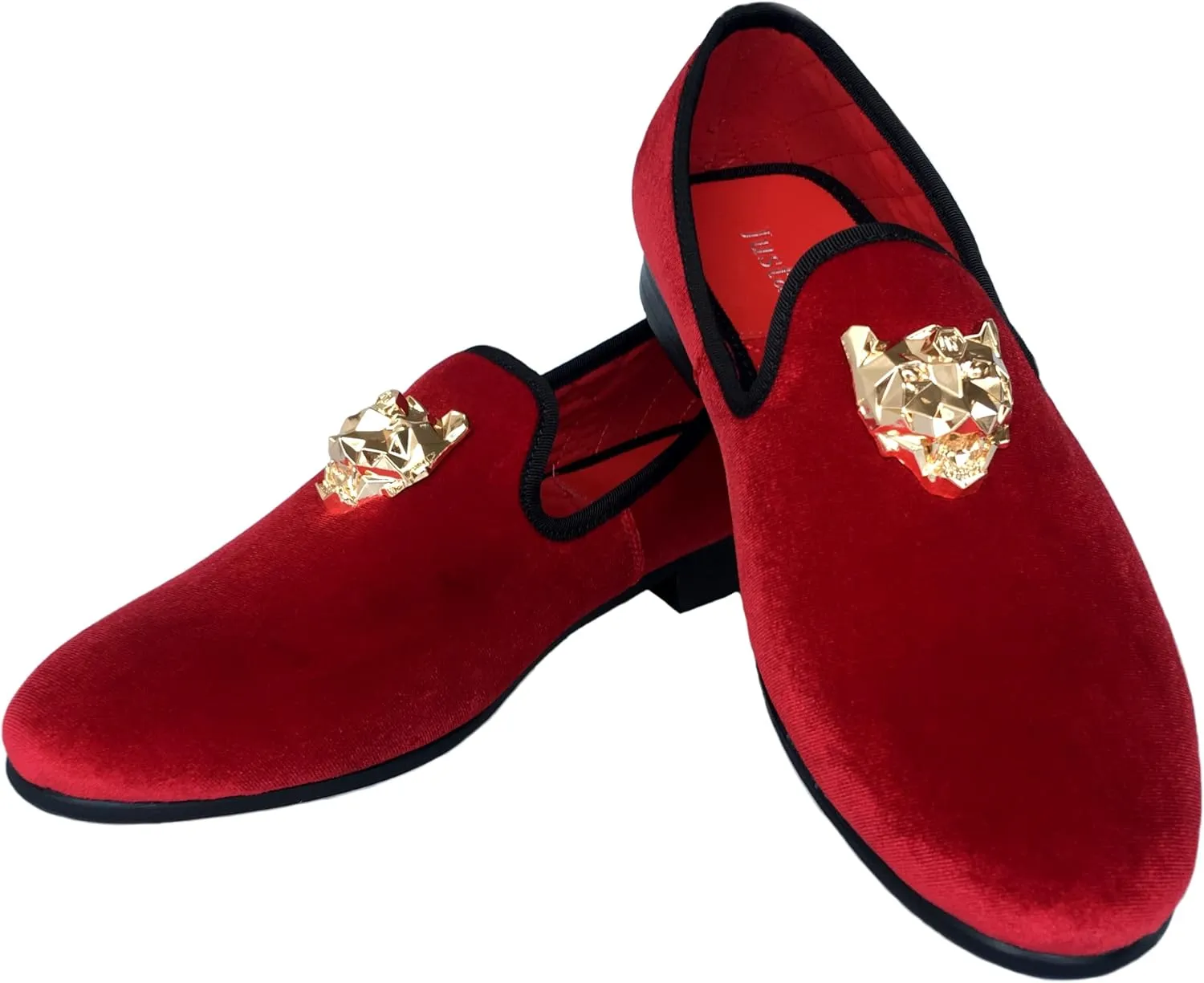 Justar Men's Velvet Loafers Slip-on Dress Shoes with Gold Buckle Penny Loafer Red Slippers Flats