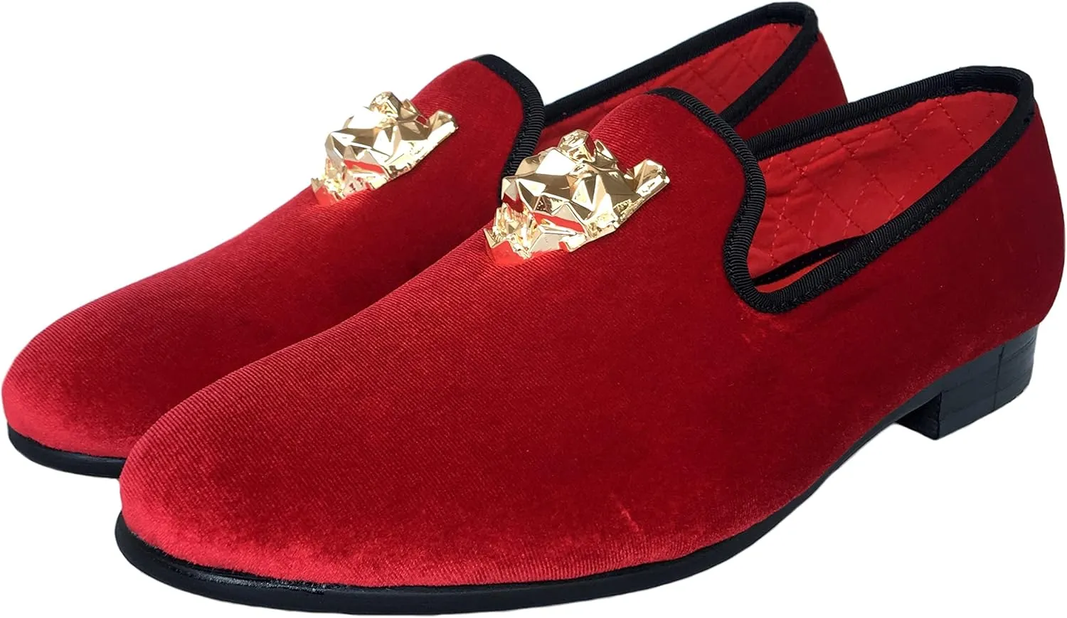 Justar Men's Velvet Loafers Slip-on Dress Shoes with Gold Buckle Penny Loafer Red Slippers Flats