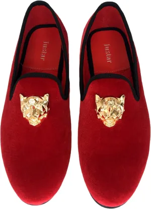 Justar Men's Velvet Loafers Slip-on Dress Shoes with Gold Buckle Penny Loafer Red Slippers Flats